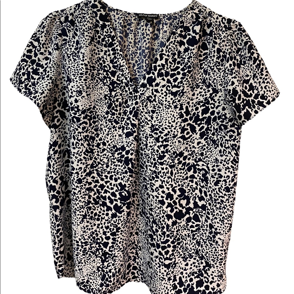 Hilary Radley Blue & White Short Sleeve Career Casual Blouse Medium